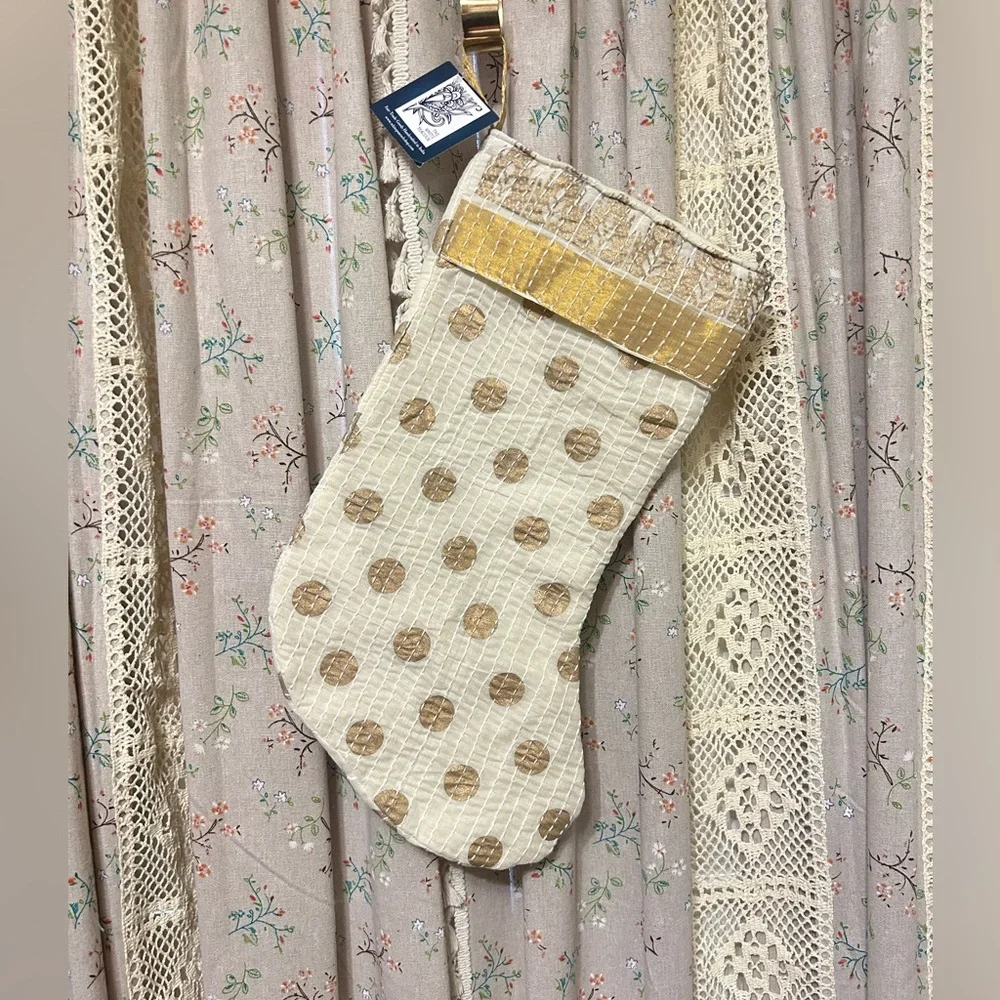 4/$25 Gorgeous Metallic Gold & Ivory Polka Dot‎ Stocking NWT